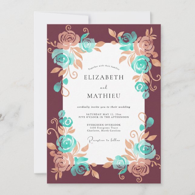 Invitation Mariage Fleur Bloom Turquoise Bordeaux (Devant)