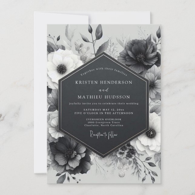 Invitation Mariage Fleur Botanique au Charbon (Devant)