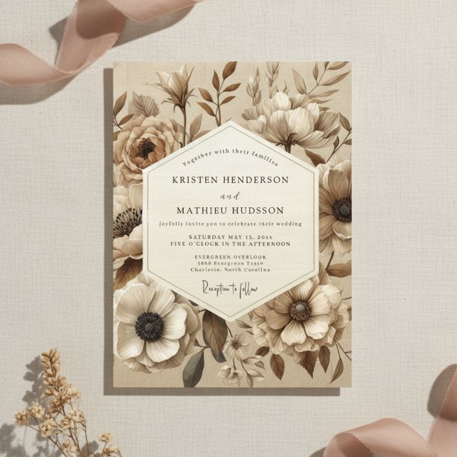 Invitation Mariage Fleur Botanique Beige (Créateur téléchargé)