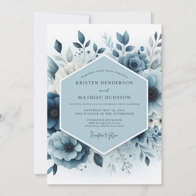 Invitation Mariage Fleur Botanique Bleu Ardoise (Devant)