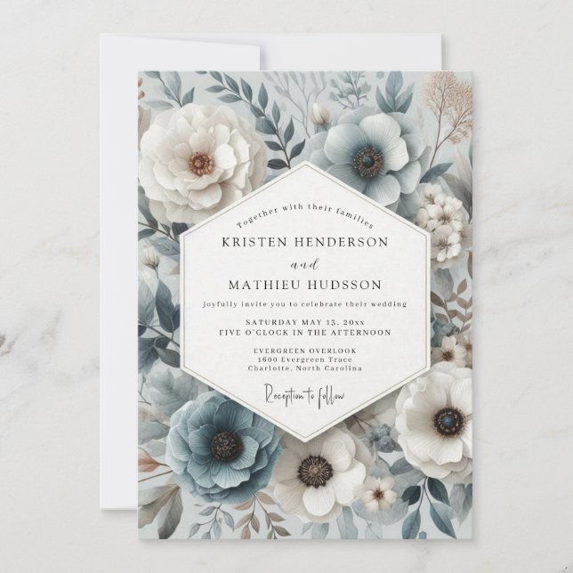 Invitation Mariage Fleur Botanique Bleu Ardoise (Devant)
