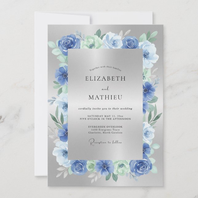 Invitation Mariage Fleur botanique Bleu Argent (Devant)