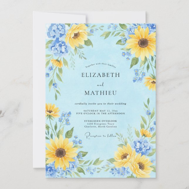 Invitation Mariage Fleur Botanique Bleu Jaune (Devant)