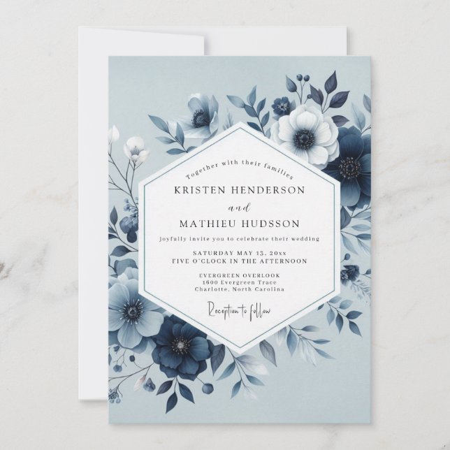 Invitation Mariage Fleur Botanique Bleu Poussiéreux (Devant)
