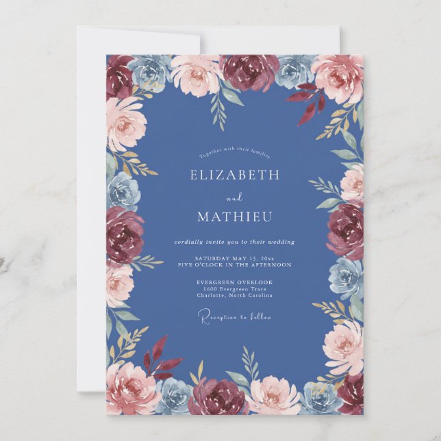Invitation Mariage Fleur Botanique Bleu Poussiéreux (Devant)