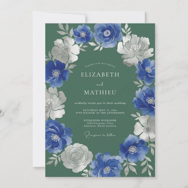 Invitation Mariage Fleur Botanique Bleu Royal (Devant)