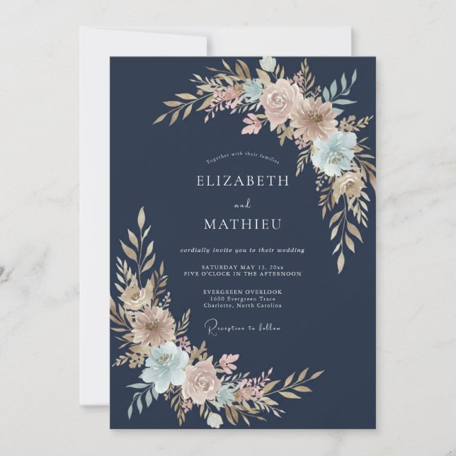 Invitation Mariage Fleur Botanique Blush Navy (Devant)