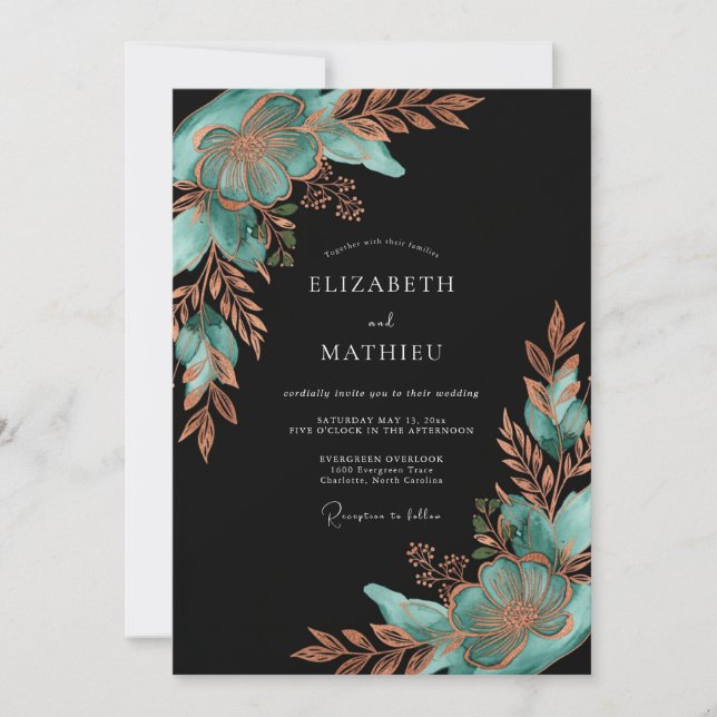 Invitation Mariage Fleur Botanique Cuivre Sarcelle (Devant)