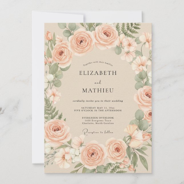 Invitation Mariage Fleur Botanique de Pêche (Devant)