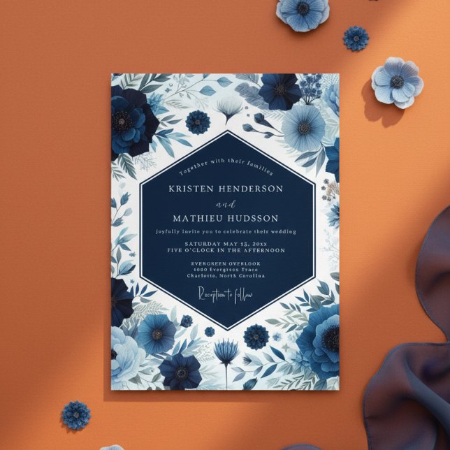 Invitation Mariage Fleur Botanique Deep Blue (Créateur téléchargé)