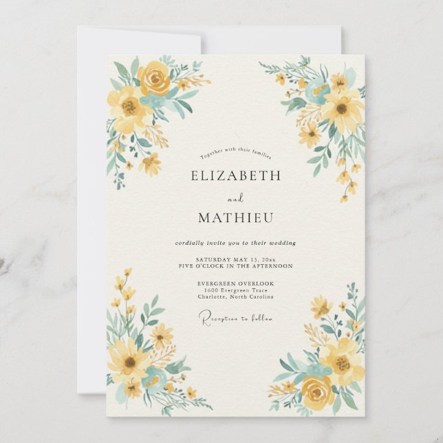 Invitation Mariage Fleur Botanique Jaune (Devant)