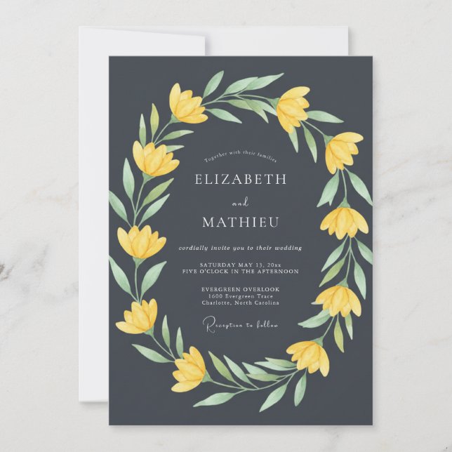 Invitation Mariage Fleur Botanique Jaune Charbon (Devant)