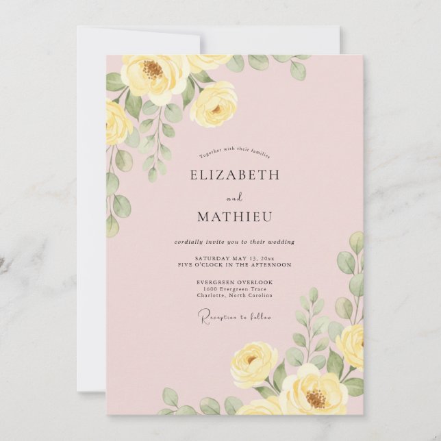 Invitation Mariage Fleur Botanique Jaune Clair (Devant)