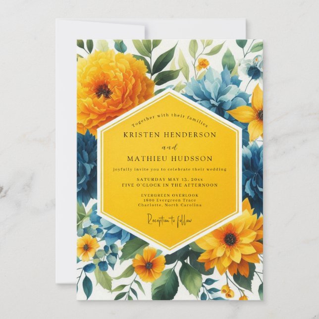 Invitation Mariage Fleur Botanique Jaune Doré (Devant)