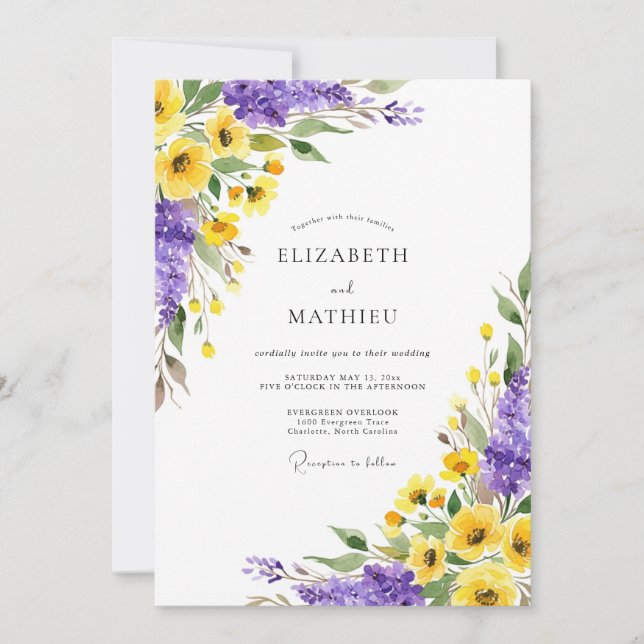 Invitation Mariage Fleur Botanique Jaune Violet (Devant)