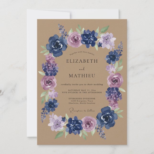 Invitation Mariage Fleur Botanique Lilas Navy (Devant)