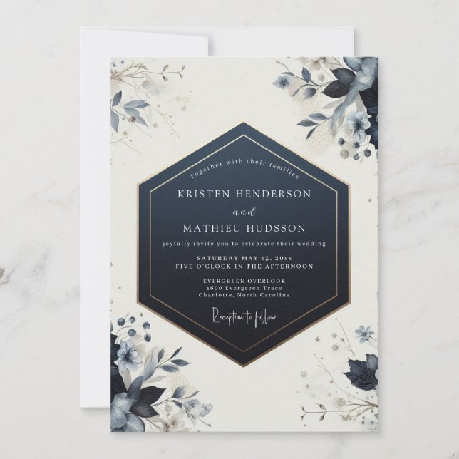 Invitation Mariage Fleur Botanique Navy (Devant)