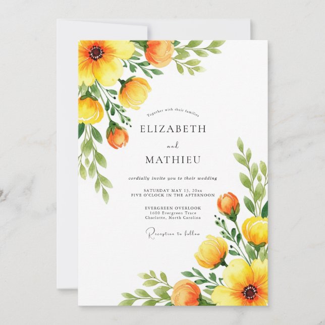 Invitation Mariage Fleur Botanique Orange (Devant)