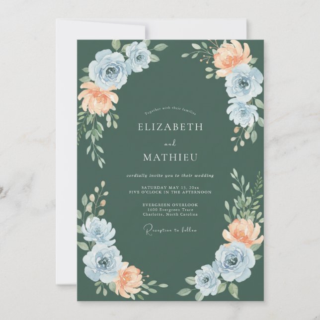 Invitation Mariage Fleur Botanique Pêche Bleue (Devant)