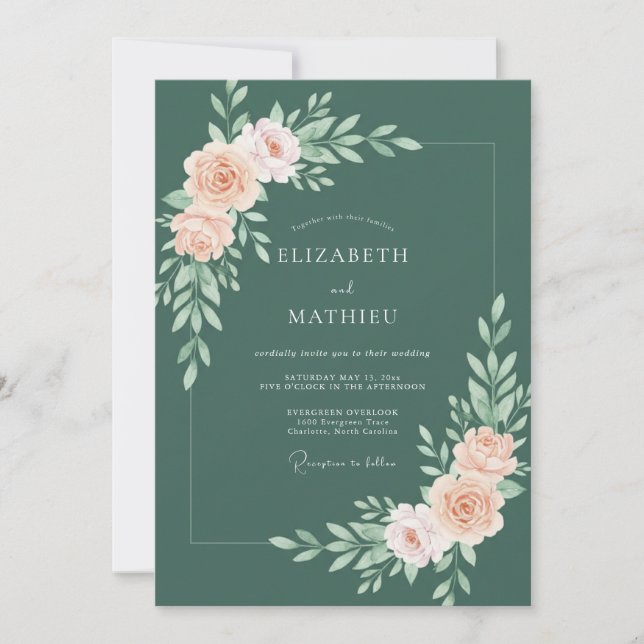 Invitation Mariage Fleur botanique pêche poussiéreuse (Devant)