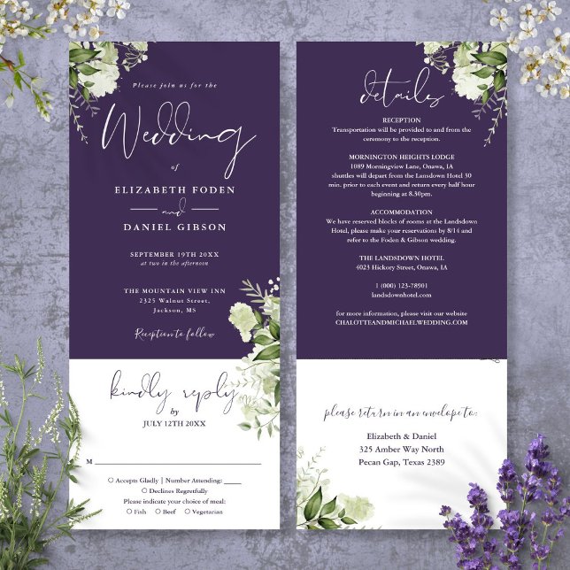 Invitation Mariage Fleur Botanique Pourpre Tout En Un  (Purple Botanical Floral All In One Wedding Invitation)