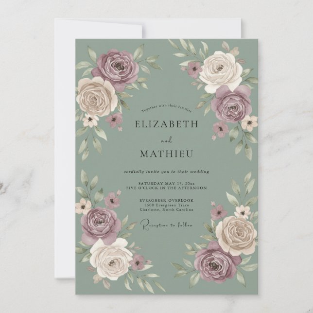 Invitation Mariage Fleur Botanique Rose Mauve (Devant)