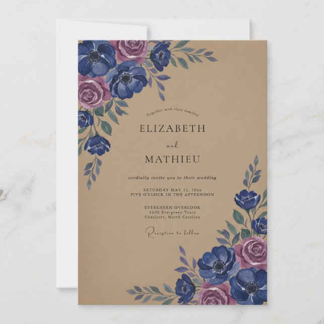 Invitation Mariage Fleur botanique Rose Navy (Devant)