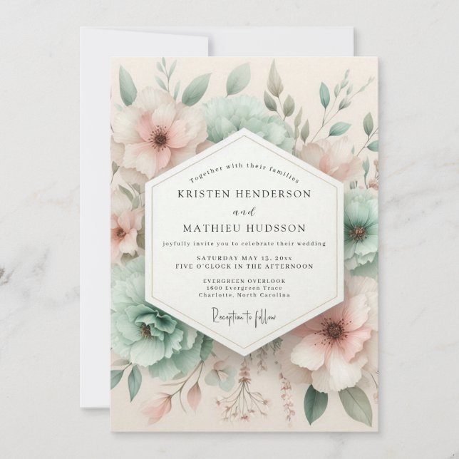Invitation Mariage Fleur Botanique Rose Pâle (Devant)