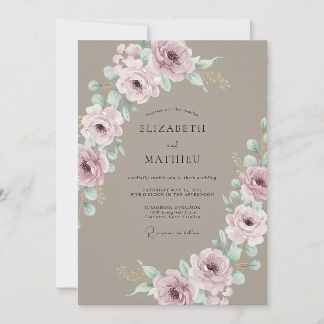 Invitation Mariage Fleur botanique Rose Poussiéreux (Devant)