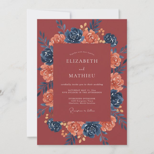 Invitation Mariage Fleur Botanique Rouge (Devant)