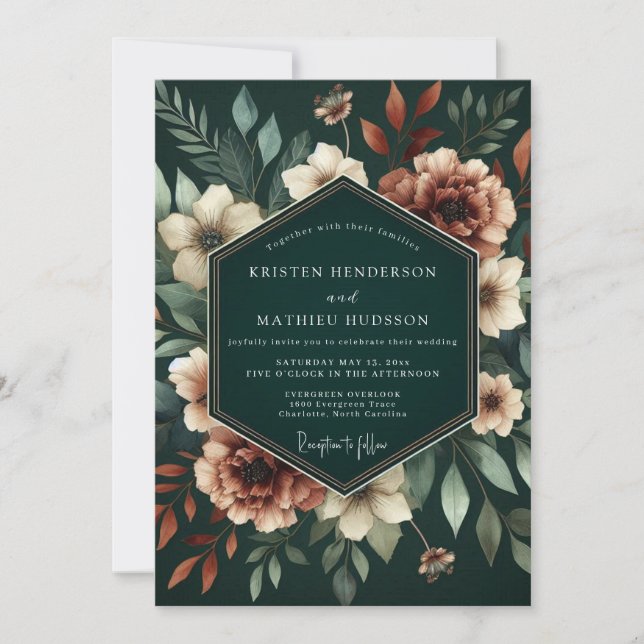 Invitation Mariage Fleur Botanique Sarcelle Profonde (Devant)