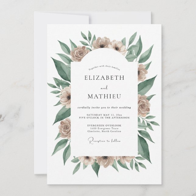 Invitation Mariage Fleur Botanique Taupe (Devant)