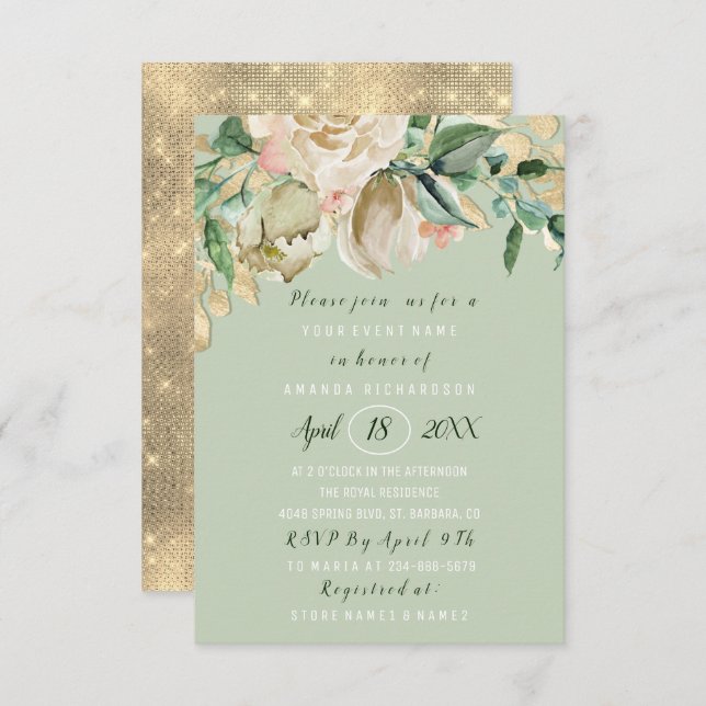 Invitation Mariage Fleur Brunch Rose Gold Vert Menthe (Devant / Derrière)