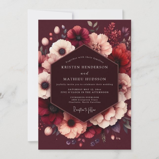 Invitation Mariage Fleur Burgonde Dorée (Devant)