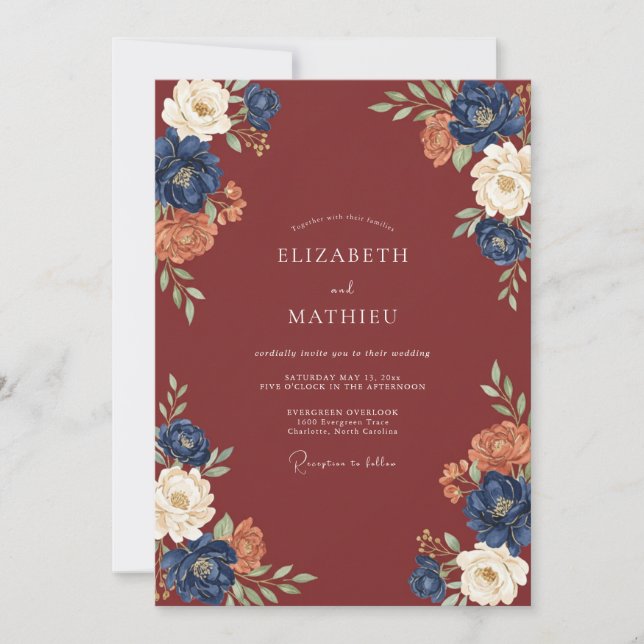 Invitation Mariage Fleur Burgonde Dorée (Devant)