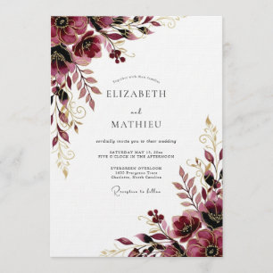 Invitation Mariage Fleur Burgonde Dorée