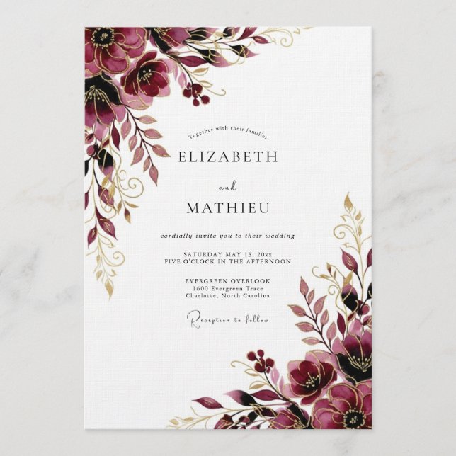 Invitation Mariage Fleur Burgonde Dorée (Devant)