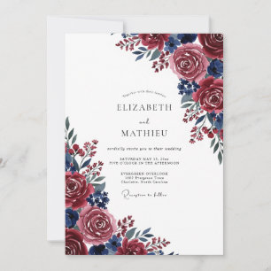 Invitation Mariage Fleur Burgundy Bleu à l'Aquarelle