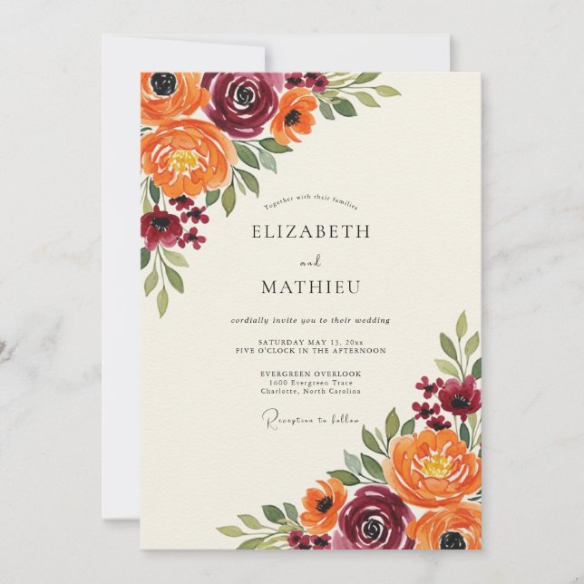 Invitation Mariage Fleur Burgundy Orange Painterly (Devant)