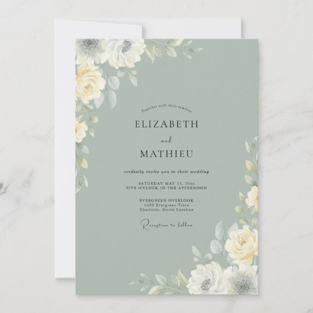 Invitation Mariage Fleur Celadon Atténué (Devant)