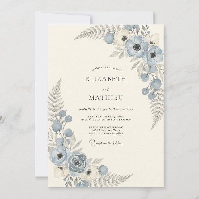 Invitation Mariage Fleur Céleste Bleu Poussiéreux (Devant)