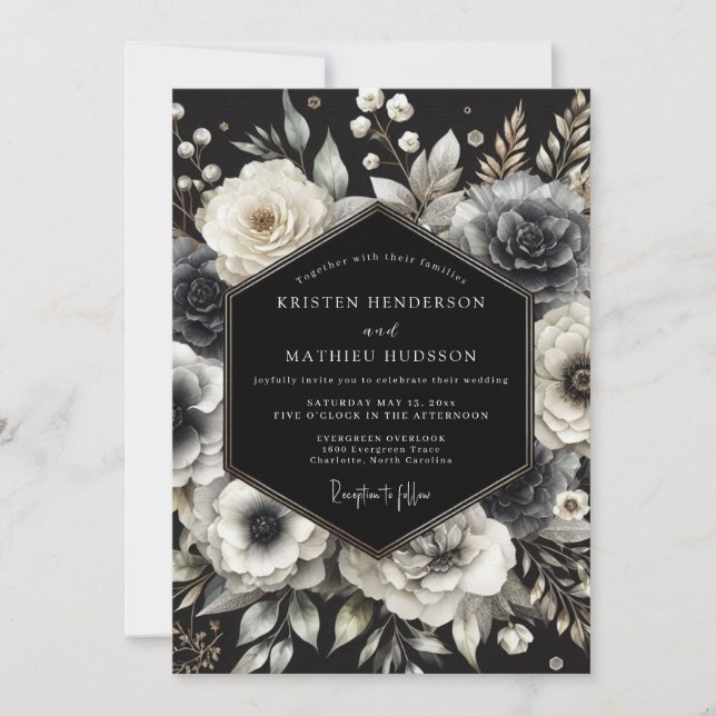 Invitation Mariage Fleur Charbon Opulente (Devant)