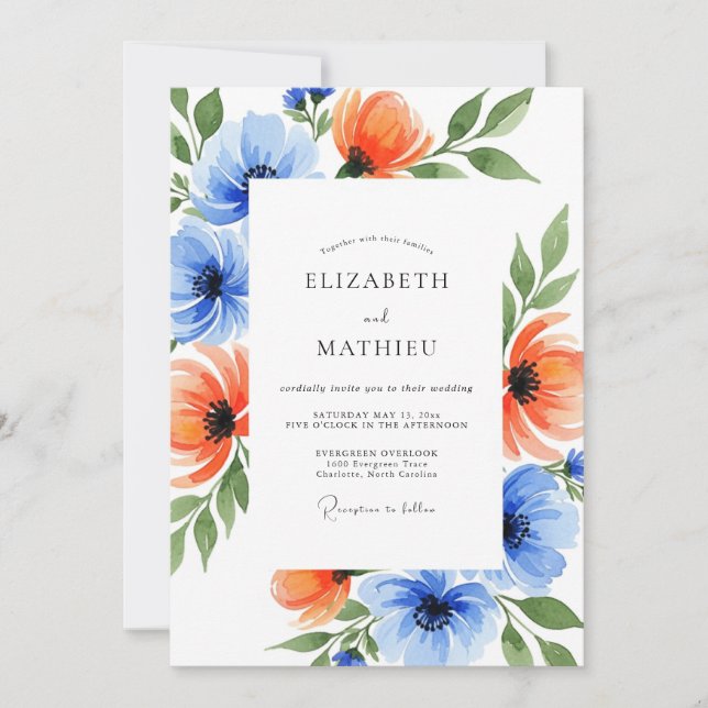 Invitation Mariage Fleur Corail Bleu de Style Pictural (Devant)