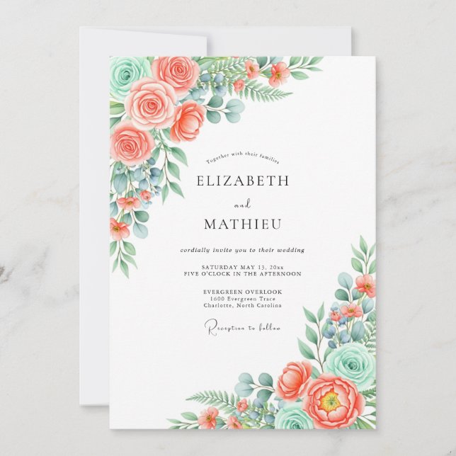 Invitation Mariage Fleur Corail Verdoyante (Devant)