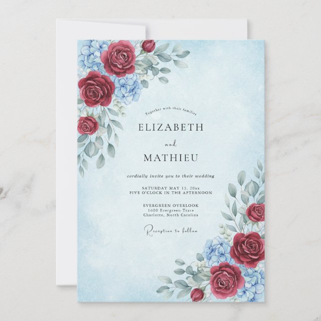Invitation Mariage Fleur Cramoisie Azur (Devant)