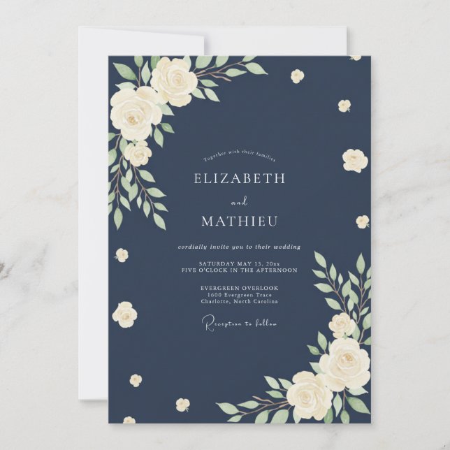 Invitation Mariage Fleur Crème Douce de Minuit (Devant)