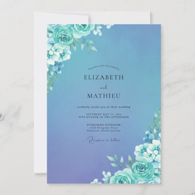 Invitation Mariage Fleur Cyan Periwinkle (Devant)