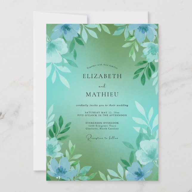 Invitation Mariage Fleur Cyan Seafoam (Devant)