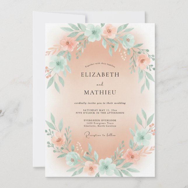 Invitation Mariage Fleur d'Abricot Menthe (Devant)