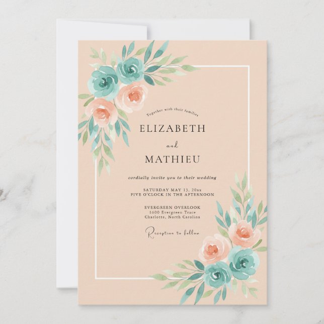 Invitation Mariage Fleur d'Abricot Turquoise (Devant)